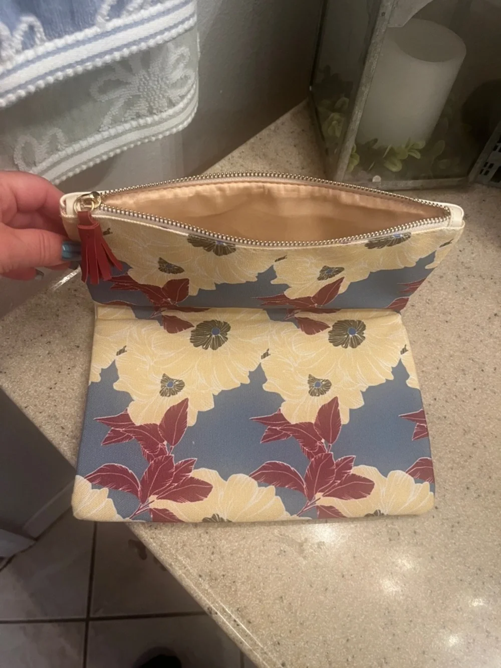 Rachel Pally Floral Reversible Zip Clutch in Blue, Cream & Burgundy